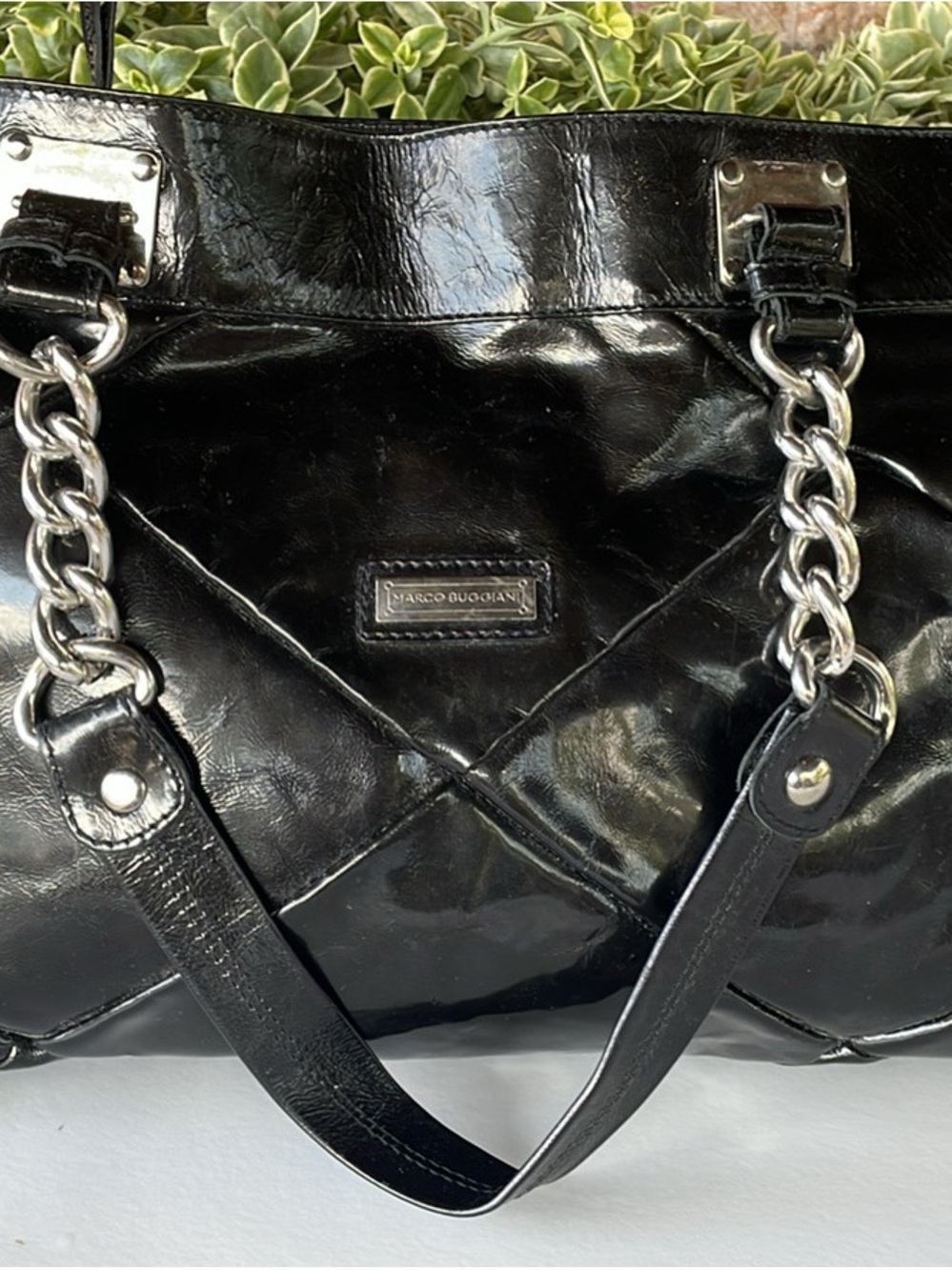 Marco Buggiani Black Quilted Patent Leather Large Tote Bag with Chain Handles